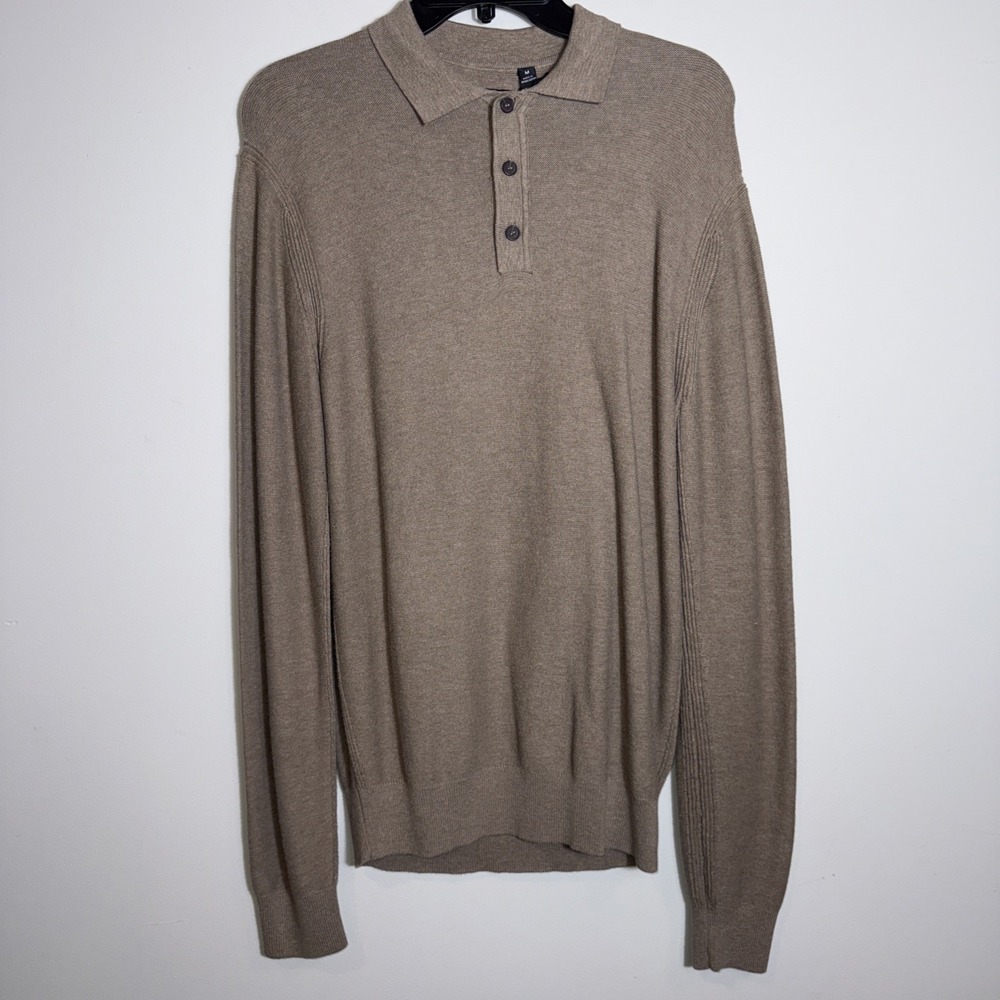 Kenneth Cole Polo Sweater Long Sleeve Brown Cotton Viscose Blend Slim Fit Medium